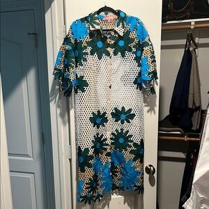 Eva Franco Blue and Black Resort Flutter Sleeve Dress